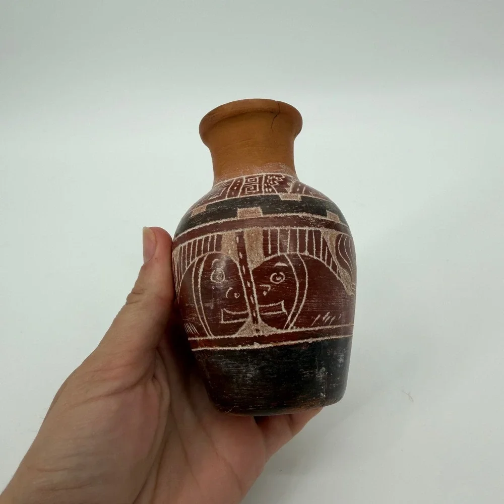 Vintage Handcrafted Terracotta Sgraffito Pottery Vase Folk Art Etched Faces 4.5